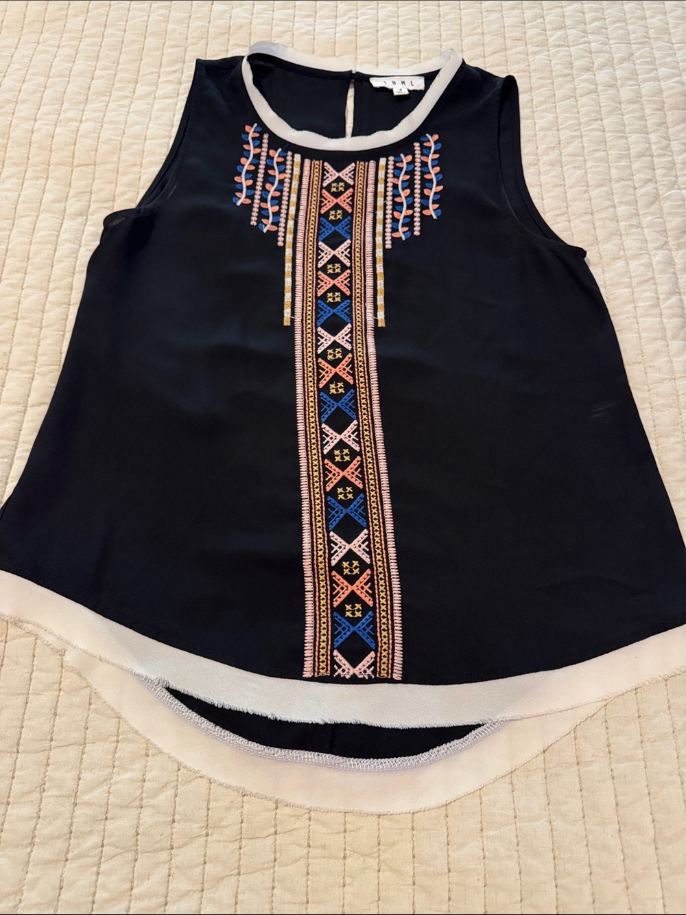 Thml Black Sleeveless Embroidered Tank with Pink & Blue Accents size small